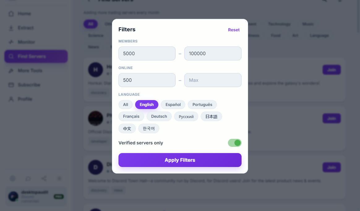 WiseCord’s Find Servers screen with the filters panel open