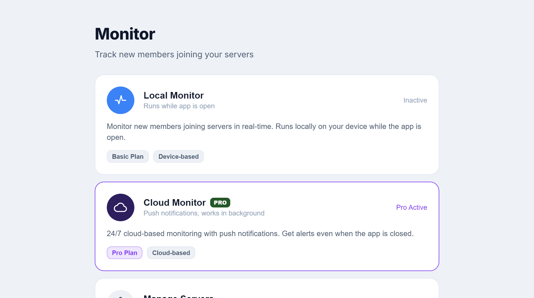 WiseCord Monitor hub: Local Monitor and Cloud Monitor cards for tracking new members joining your servers